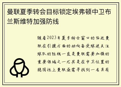 曼联夏季转会目标锁定埃弗顿中卫布兰斯维特加强防线